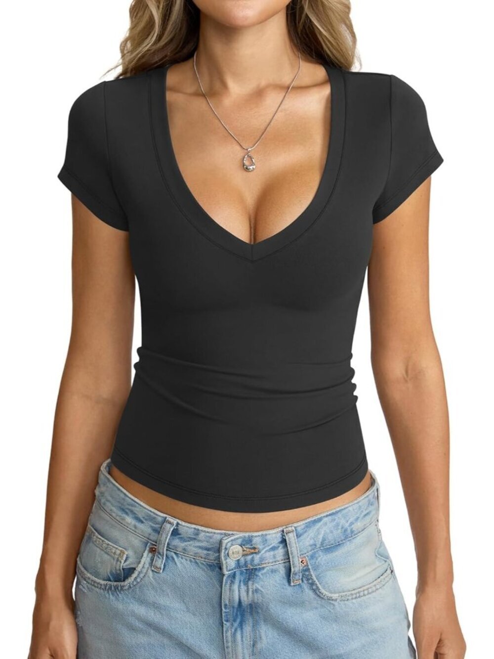 Women's Black Green V Neck Short Sleeve Sexy Slim Fit Crop Tops Basic Tees Shirt